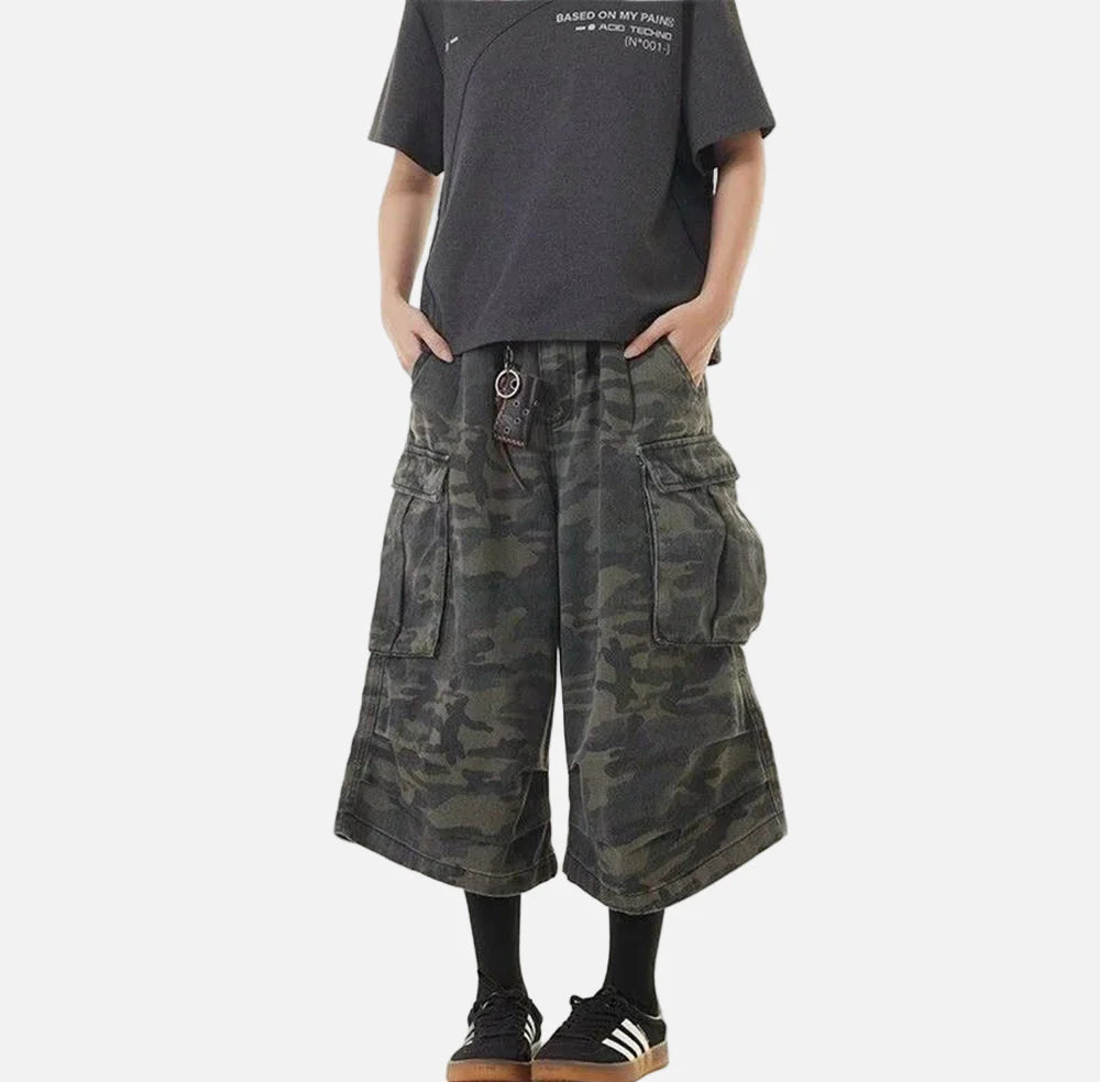 Camouflage Retro Denim Cropped Cargo Jorts