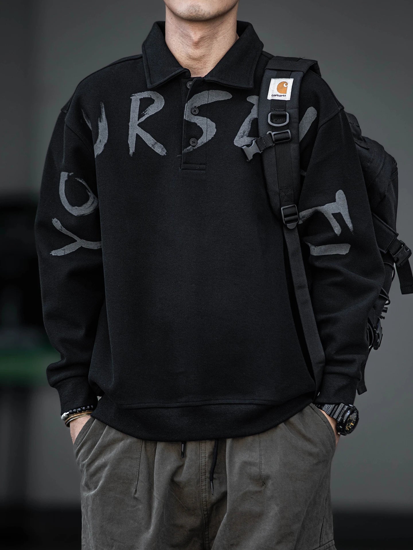 Oversized Letter Print Black Polo Sweatshirt