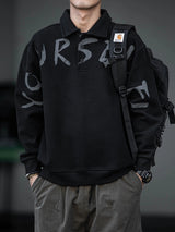 Oversized Letter Print Black Polo Sweatshirt