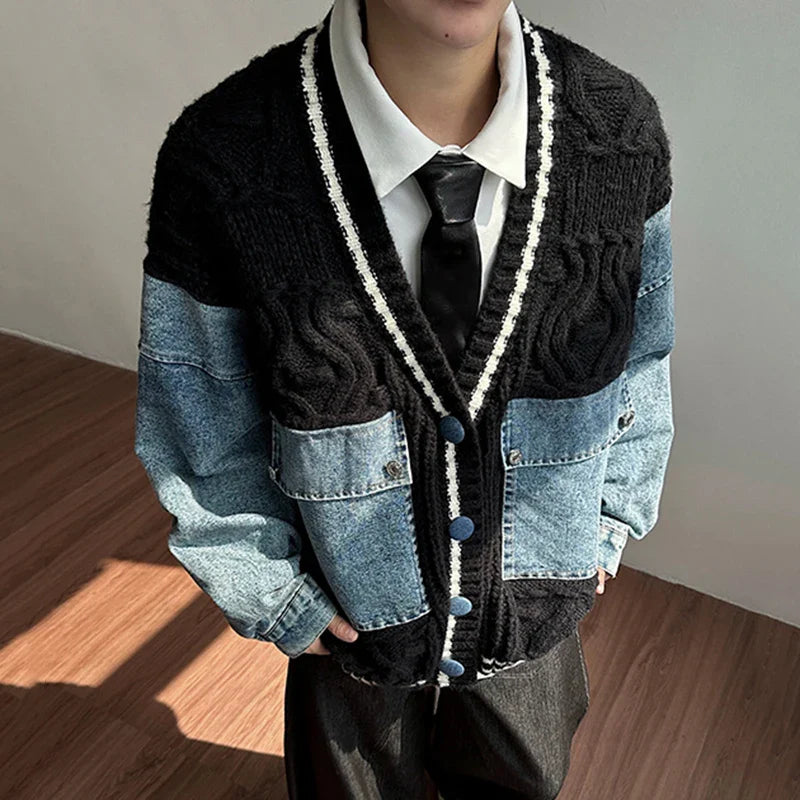 Leichter Patchwork-Denim-Cardigan mit V-Ausschnitt