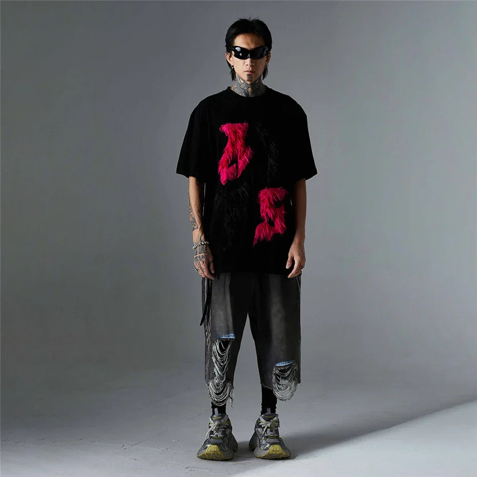 Ausgefallenes, cooles Patchwork-Fell-T-Shirt