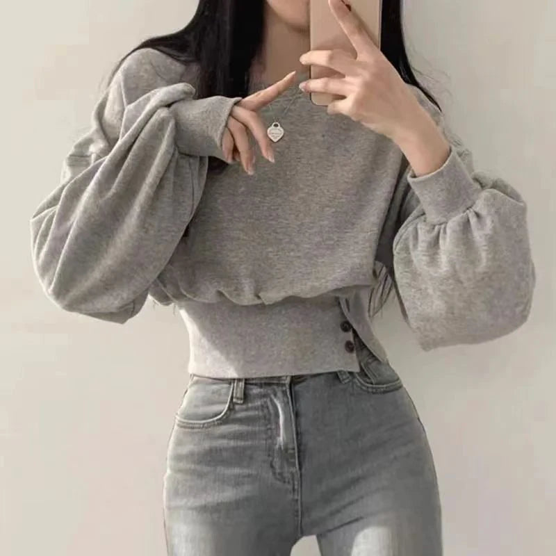 Autumn Solid O-Neck Slim Crop Top T-shirt