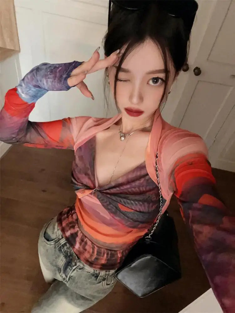 Y2K 피쉬넷 슬리브 메쉬 탑