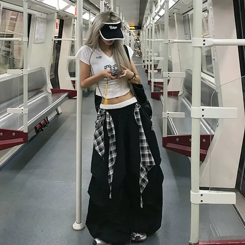 Black Plaid Wide Cargo Pants