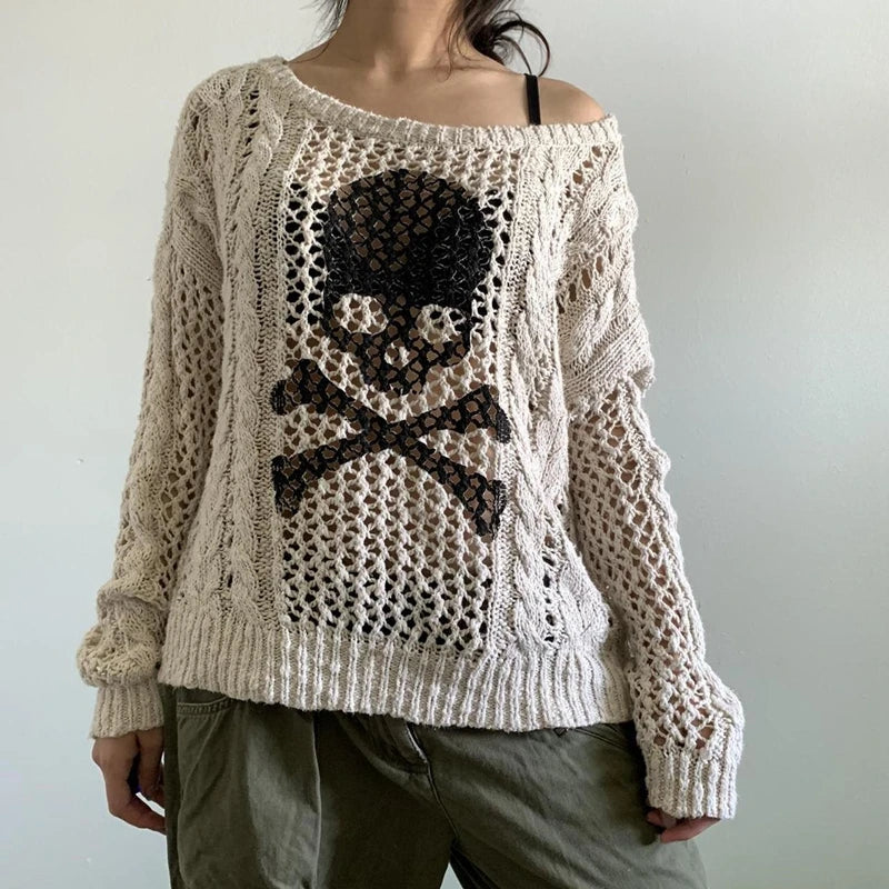 Y2K-Totenkopf-Strickpullover im Used-Look