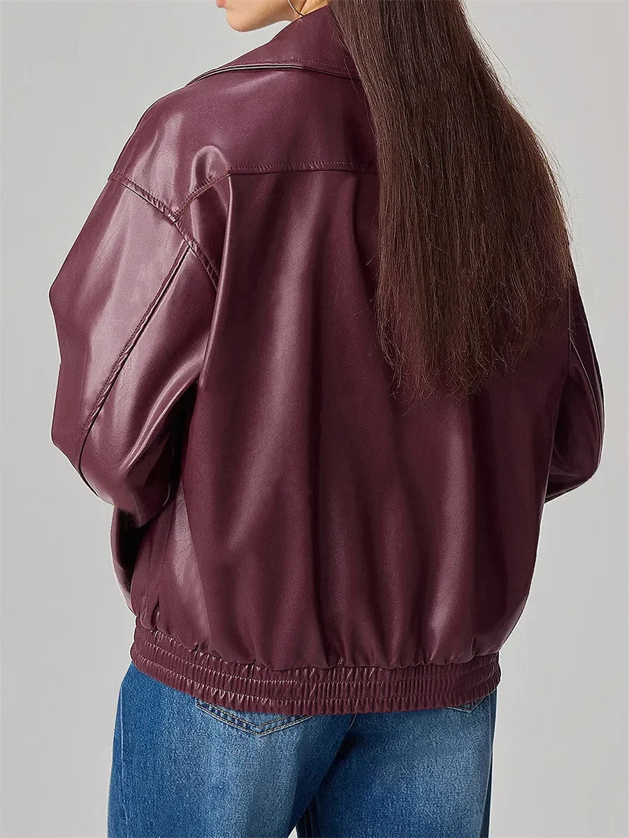 Burgundy Stylish Faux Zip-Up Leather Jacket
