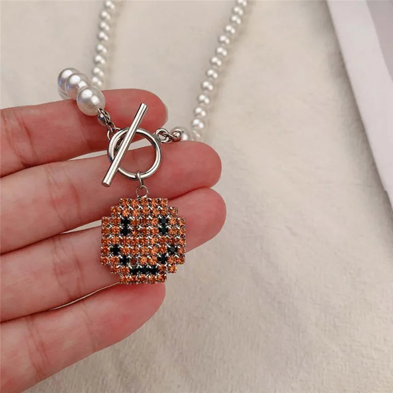 Rhinestone Smile Face Pearl Pendant Necklace