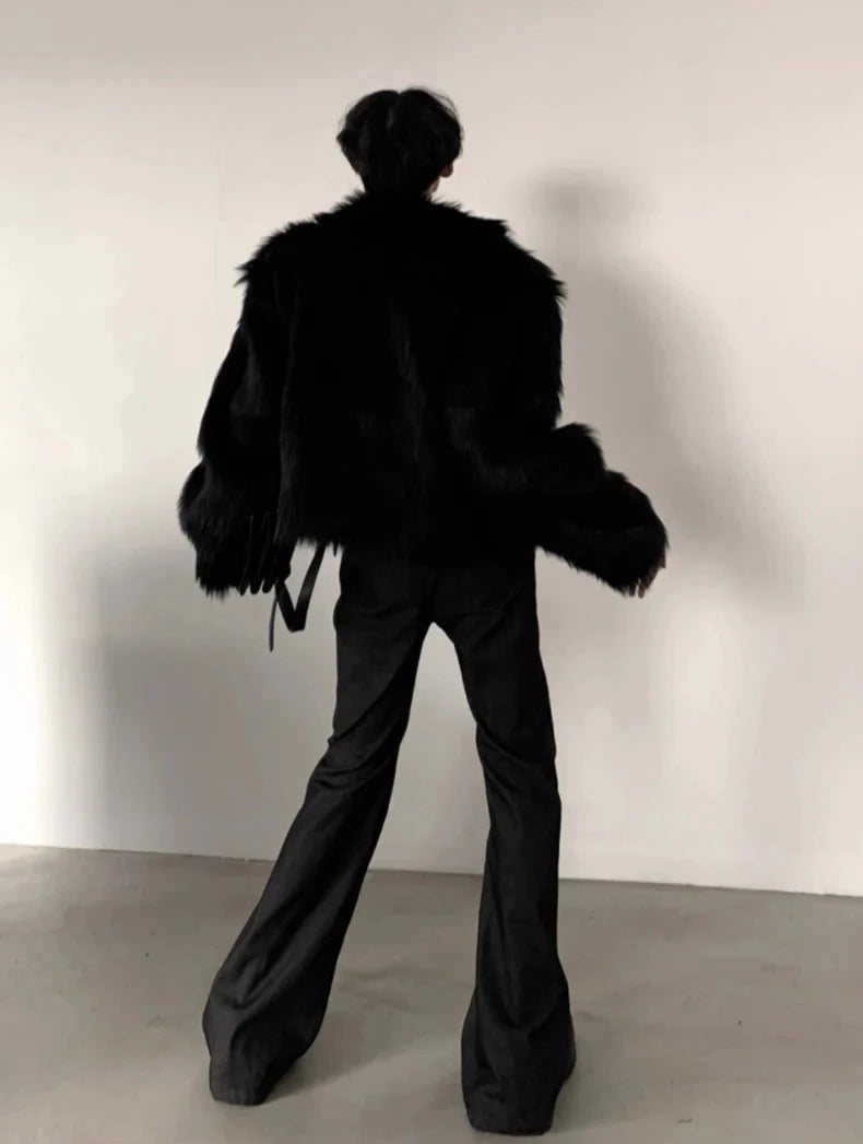 Veste de luxe streetwear en fausse fourrure noire épaisse