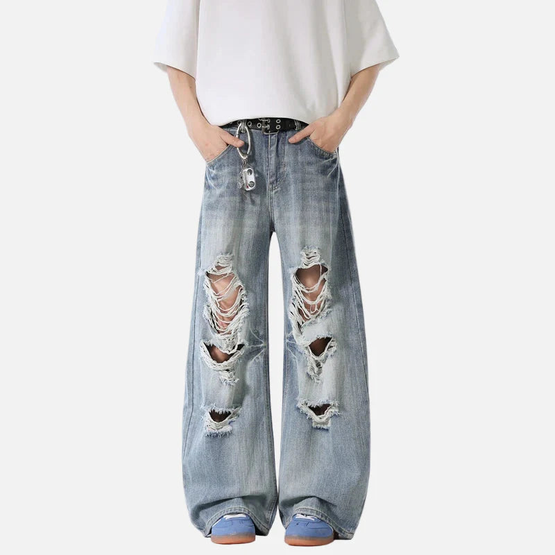 Lightweight Distressed High Waisted Wide Leg Jeans