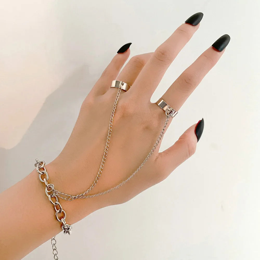 Geometric Punk Rings Set With Wrist Chain