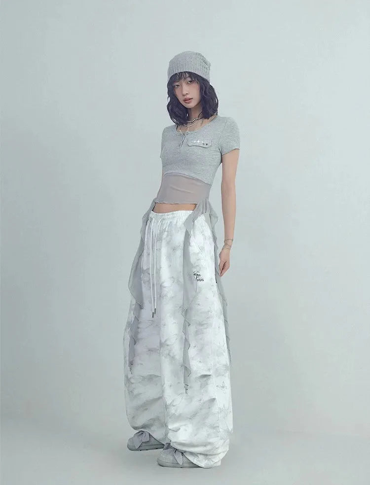 White Printed Knitted Paratrooper Pants