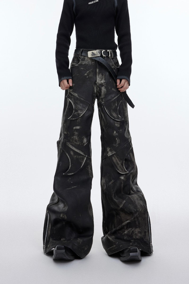 레트로 자수 가죽 팬츠