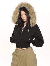 Cropped Sweatshirt with Removable Faux-Fur Hood
