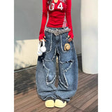 Ästhetische Cowboy-Jeans mit hohem Bund, blauem Sternenmuster und weitem Bein
