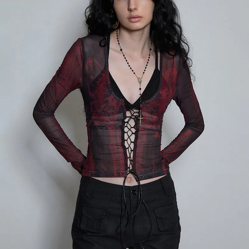 Grunge Y2K Tattoo Print Mesh Women's Top
