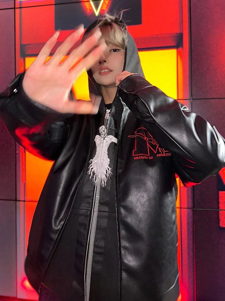 Y2K Stylish Gothic Retro Zipper Hooded Leather Jacket