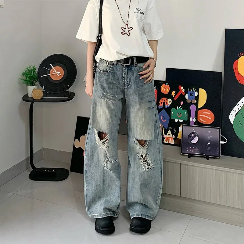 Streetwear Bamboo Joint Ripped Loose Jeans
