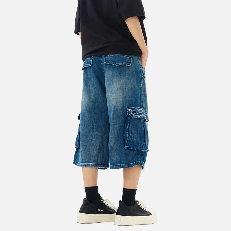 Distressed Loose Fit High Street Denim Cargo Jorts