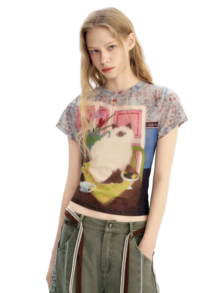 Y2K Cat Graphic Mesh Crop Top