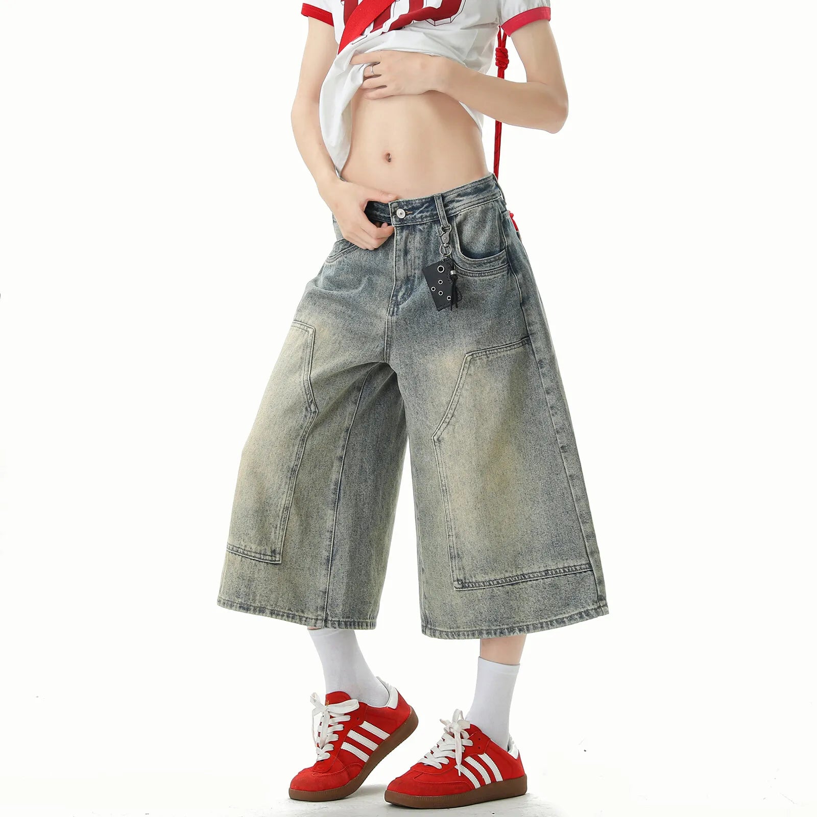 Streetwear Cool Patchwork Wide Leg Denim Jorts