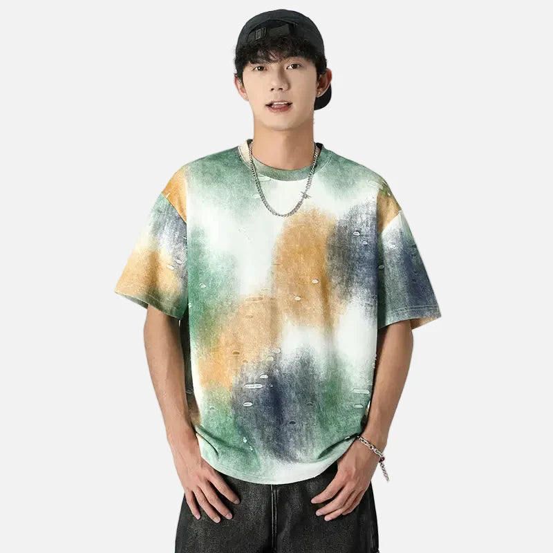 Trendy Tie Dye Ripped Hole Short Sleeve T-Shirt