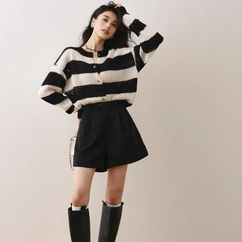 Handesome French Style Striped Spliced Cardigan