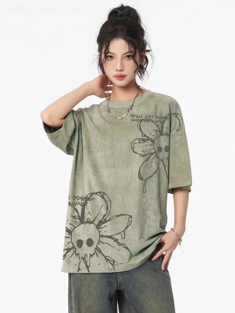 Washed Flower Floral Skull Graphic T-Shirt