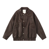 veste en cuir marron ample et décontractée