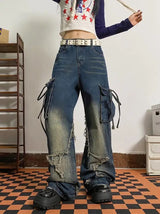 Damen Retro Vintage Schnürjeans mit hohem Bund