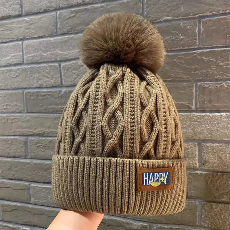 Winter Thick Fur Ball Knitted Beanie