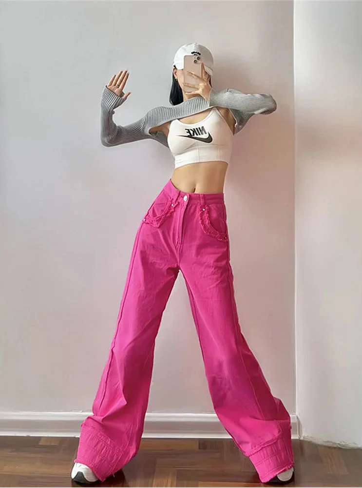 Pinkfarbene Y2K-Jeans mit hohem Bund und weitem Bein