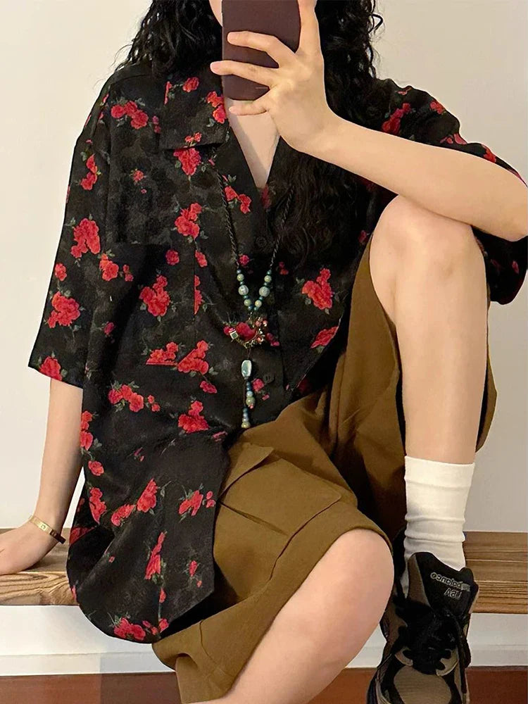 Chemisier ample à imprimé floral style japonais vintage pour femme