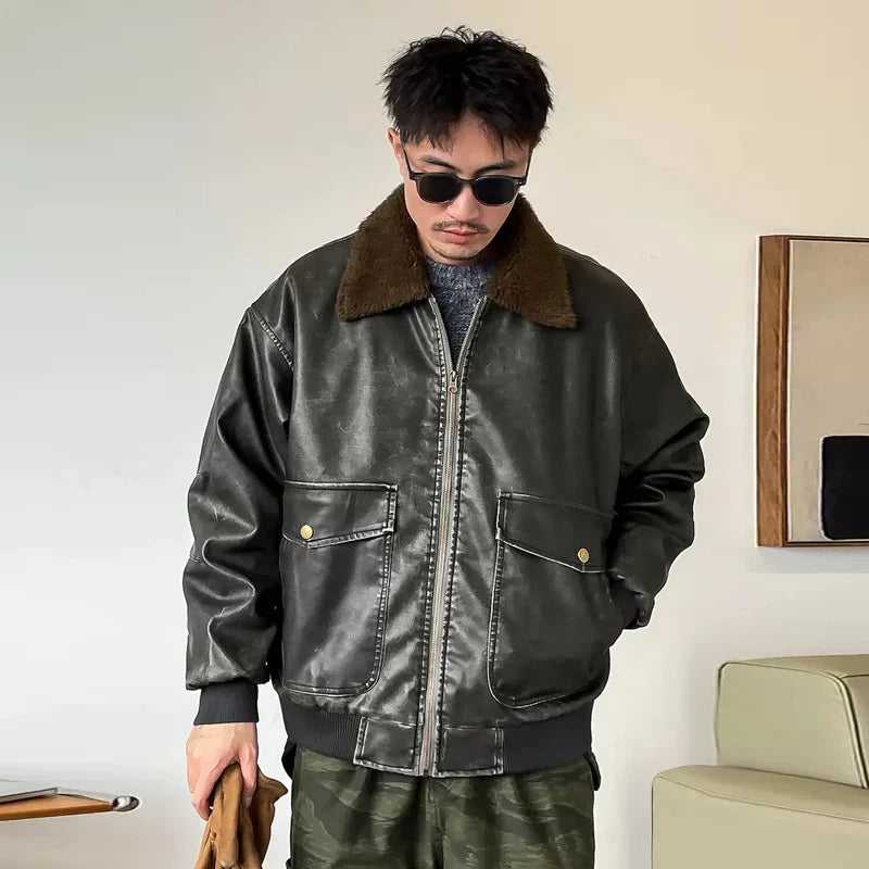 Veste en cuir et fourrure épaisse rembourrée style streetwear