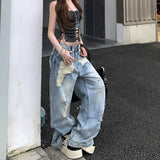 通気性抜群 快適ヴィンテージ ダメージ加工 ワイドレッグジーンズ
