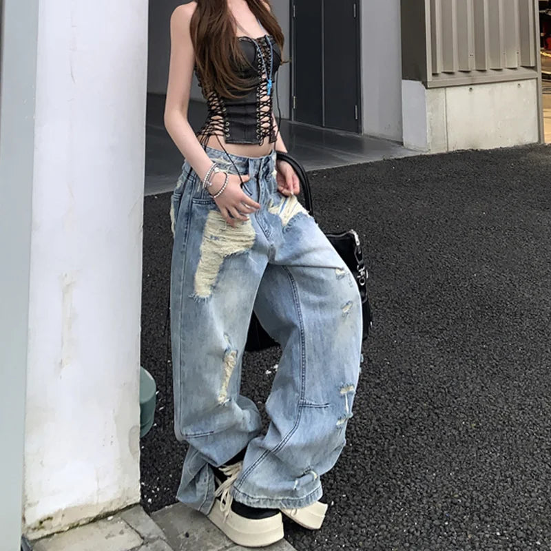 通気性抜群 快適ヴィンテージ ダメージ加工 ワイドレッグジーンズ