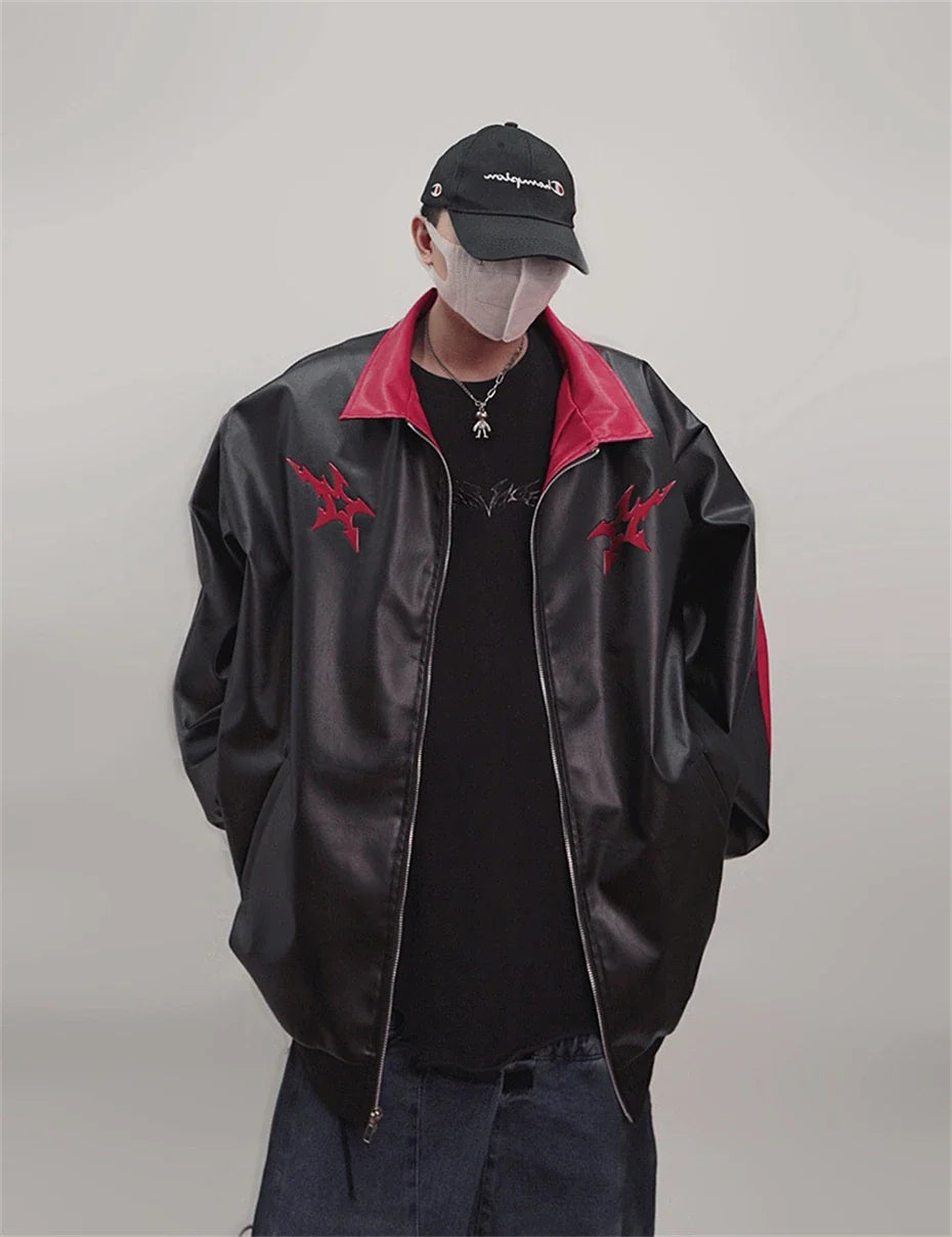 Vintage Print PU Leather Varsity Jacket
