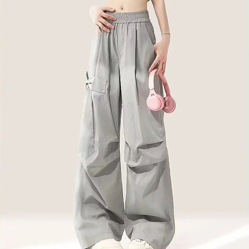 Women Elastic High Waist Gray Cargo Pants