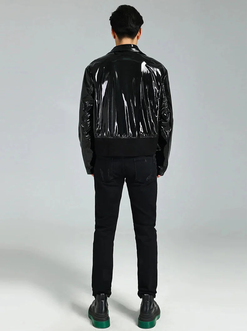 Black Shiny Reflective Patent PU Leather Jacket