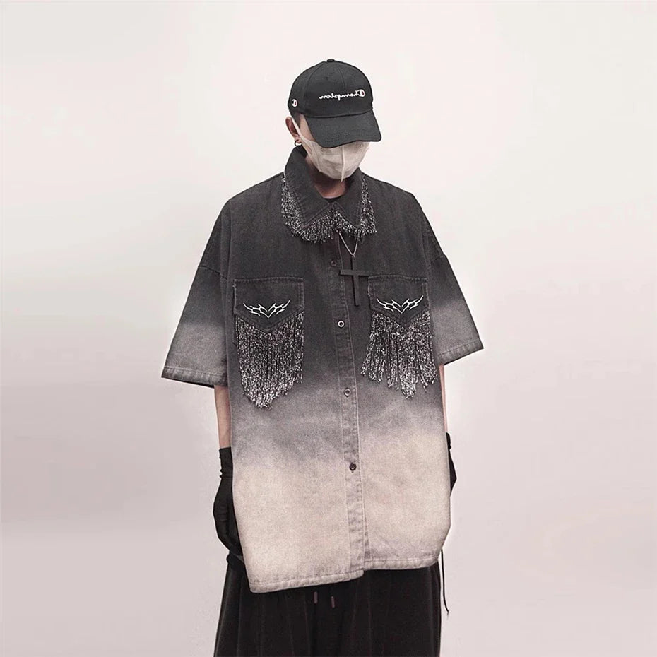 Chemise en jean noire oversize à franges