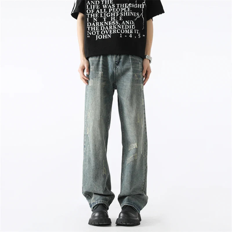 Vintage Streetwear Scratched Blue Ripped Jeans