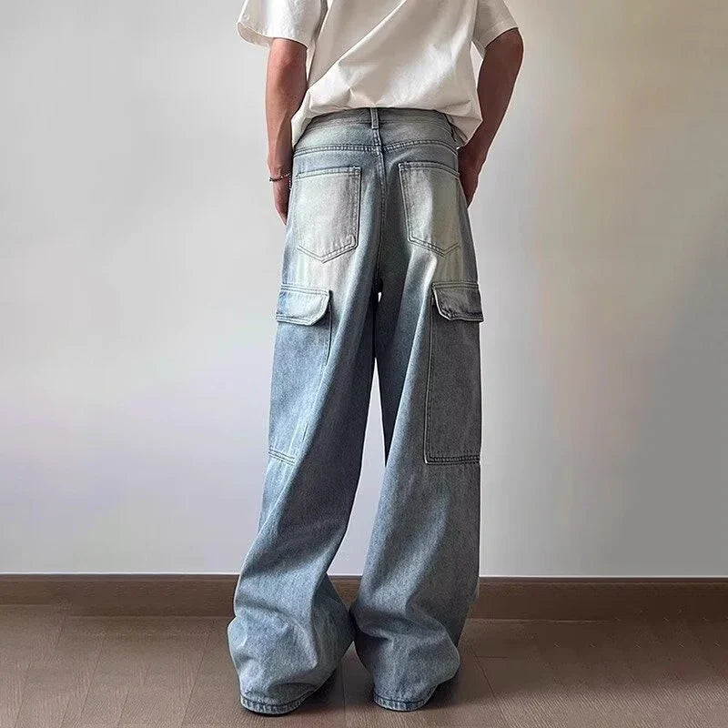 빈티지 와이드 레그 카고 데님 진