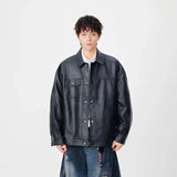 Trendy Faux Leather Lapel Button Jacket