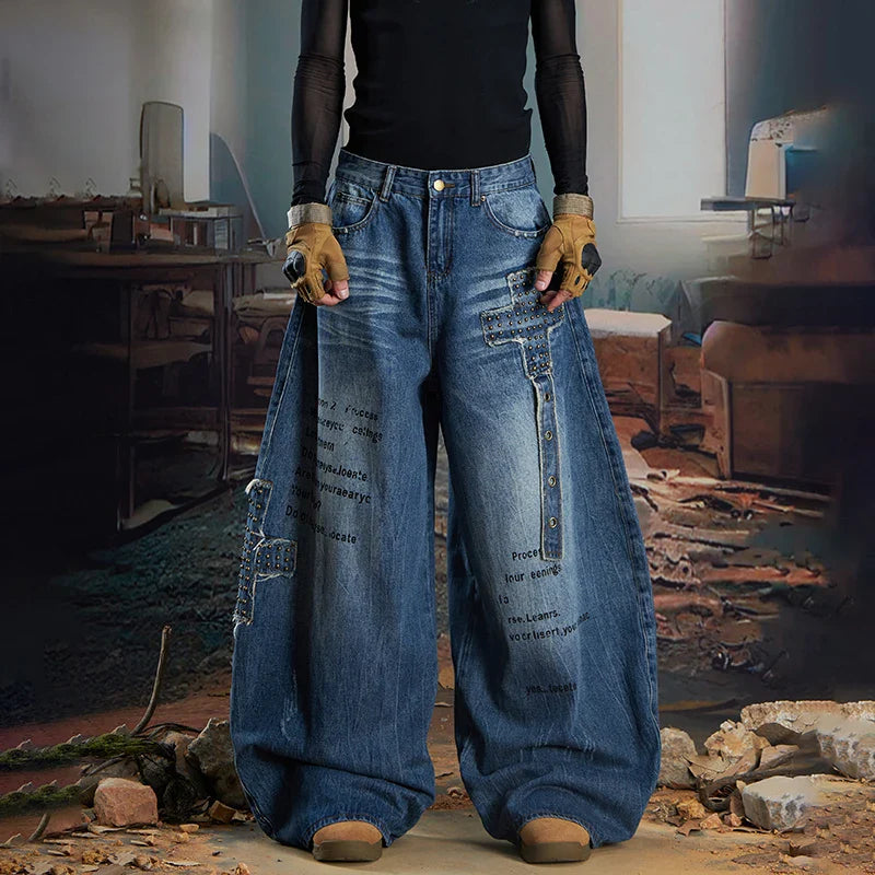 Vintage Patchwork Design Ripped Wide Leg Jeans