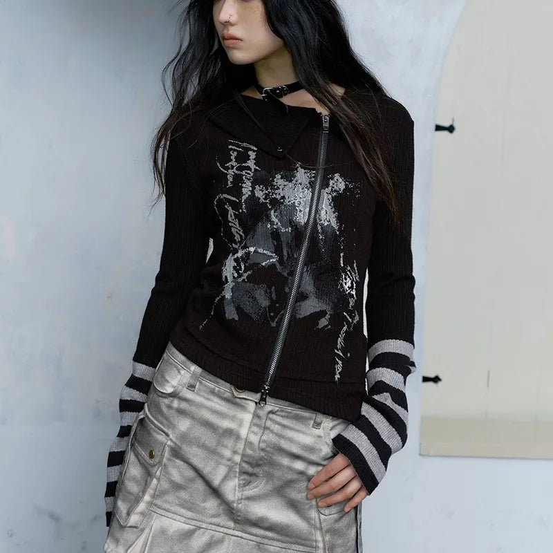 T-shirt gothique grunge à fermeture éclair, esthétique punk