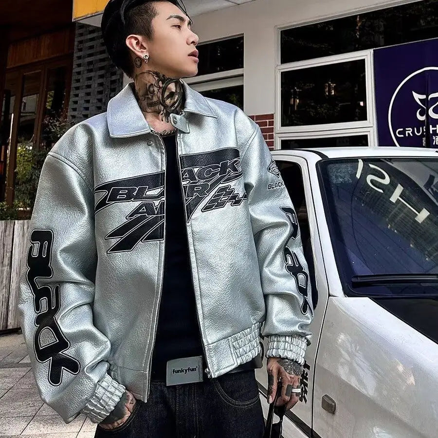 Veste de moto en cuir brodé rétro punk