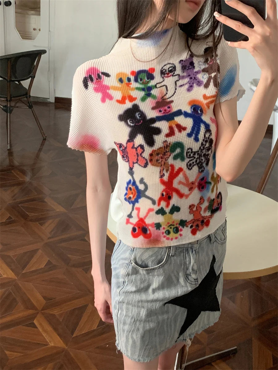 Y2K Graffiti Pleated Crop Top