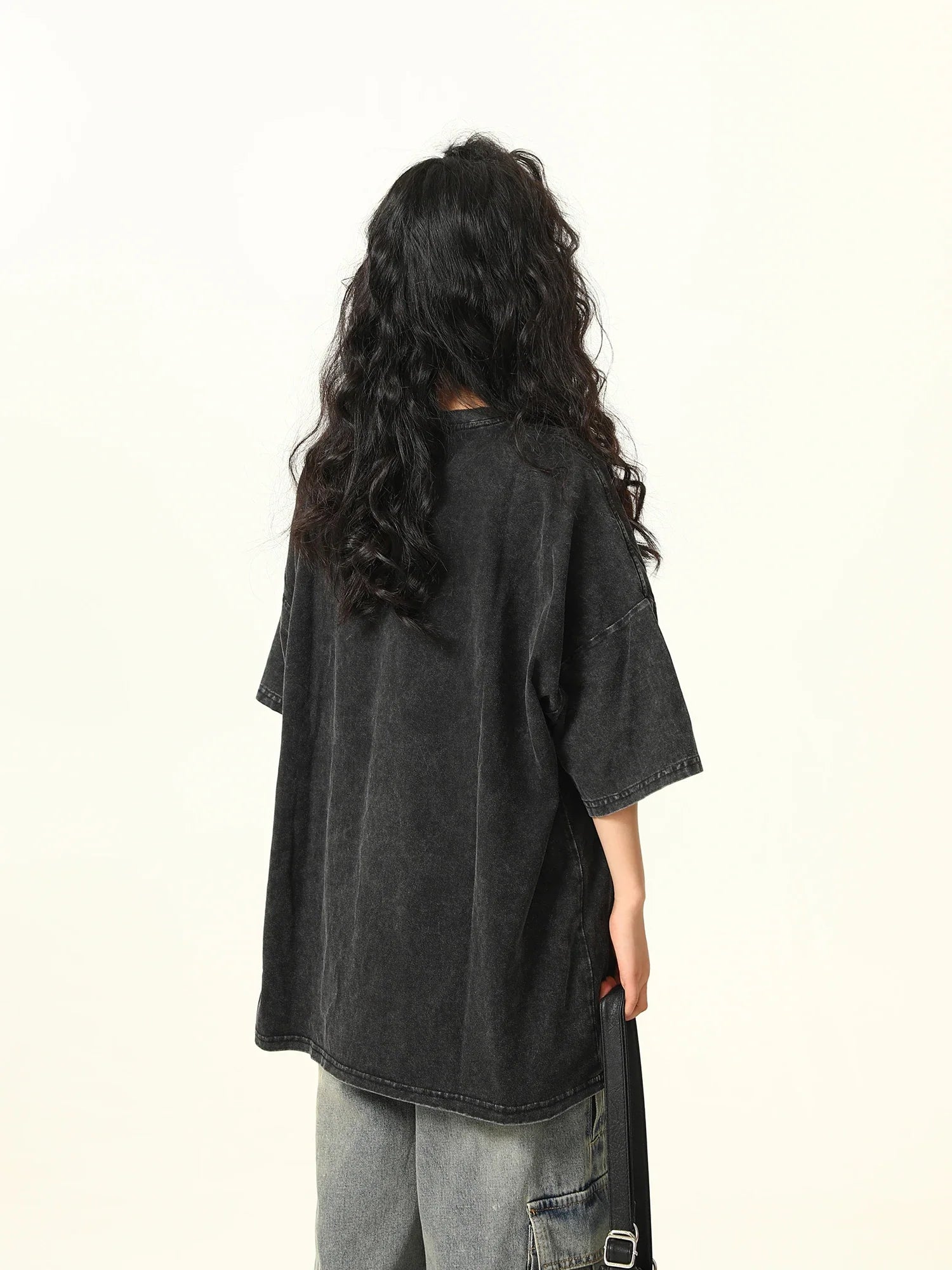Washed Black Rose Print Round T-Shirt