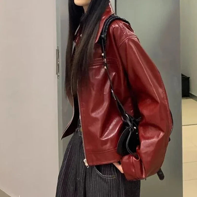 Women Red Retro Lapel Leather Jacket