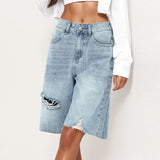 Short en jean taille haute à ourlet brut pour femme