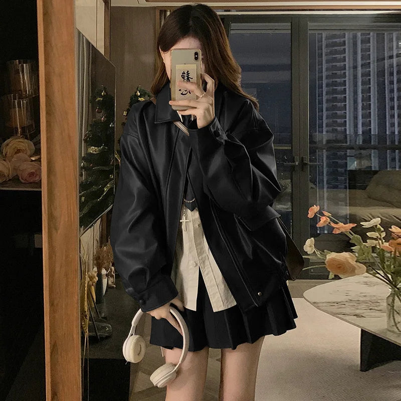 Retro Black PU Long Sleeve Leather Jacket